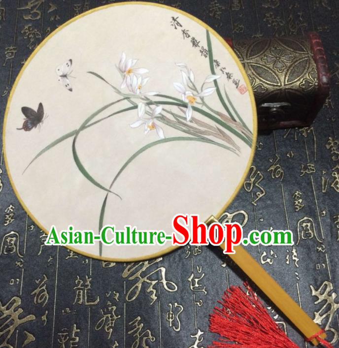 Chinese Ancient Palace Fans Handmade Printing Orchid Round Fans for Women