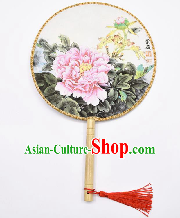 Chinese Ancient Palace Fans Handmade Ink Painting Peony Round Fans for Women