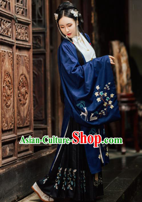 Chinese Ancient Embroidered Costumes Ming Dynasty Princess Blue Hanfu Dress for Women