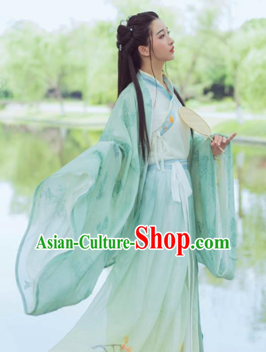 Chinese Ancient Maidenform Costumes Jin Dynasty Princess Embroidered Green Hanfu Dress for Women