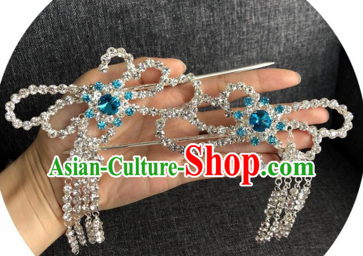 Chinese Traditional Peking Opera Diva Hair Accessories Ancient Blue Crystal Tassel Hairpins for Women