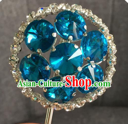 Chinese Ancient Blue Crystal Hairpins Traditional Peking Opera Diva Hair Accessories for Women