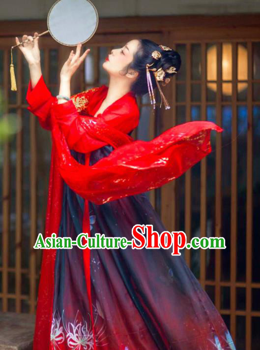 Chinese Traditional Tang Dynasty Maidenform Red Hanfu Dress Ancient Palace Princess Costumes for Women