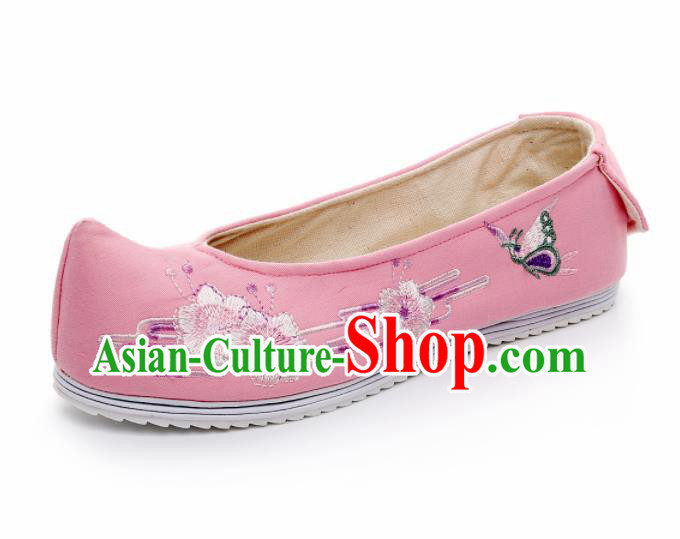Chinese Ancient Traditional Embroidered Shoes Hanfu Embroidery Peach Blossom Pink Cloth Shoes for Women