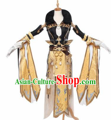 Top Grade Chinese Cosplay Young Lady Costumes Ancient Swordswoman Golden Dress for Women