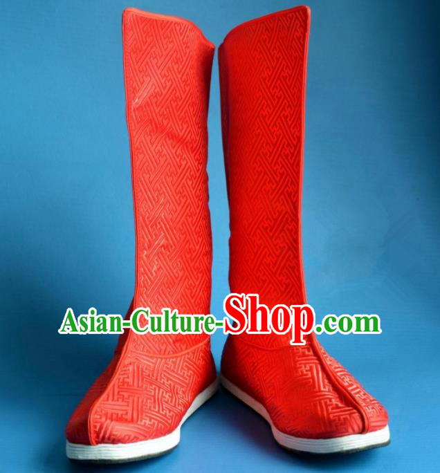 Chinese Traditional Beijing Opera Takefu Shoes Ancient Qing Dynasty Emperor Red Satin Boots for Men