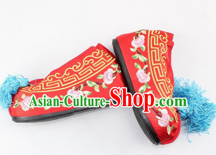 Chinese Traditional Beijing Opera Red Blood Stained Shoes Ancient Handmade Princess Embroidered Shoes for Women