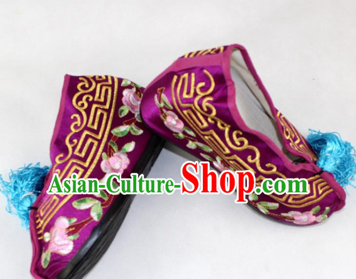 Chinese Traditional Beijing Opera Purple Blood Stained Shoes Ancient Handmade Princess Embroidered Shoes for Women