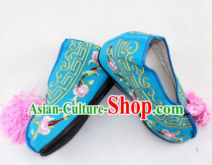 Chinese Traditional Beijing Opera Blue Blood Stained Shoes Ancient Handmade Princess Embroidered Shoes for Women
