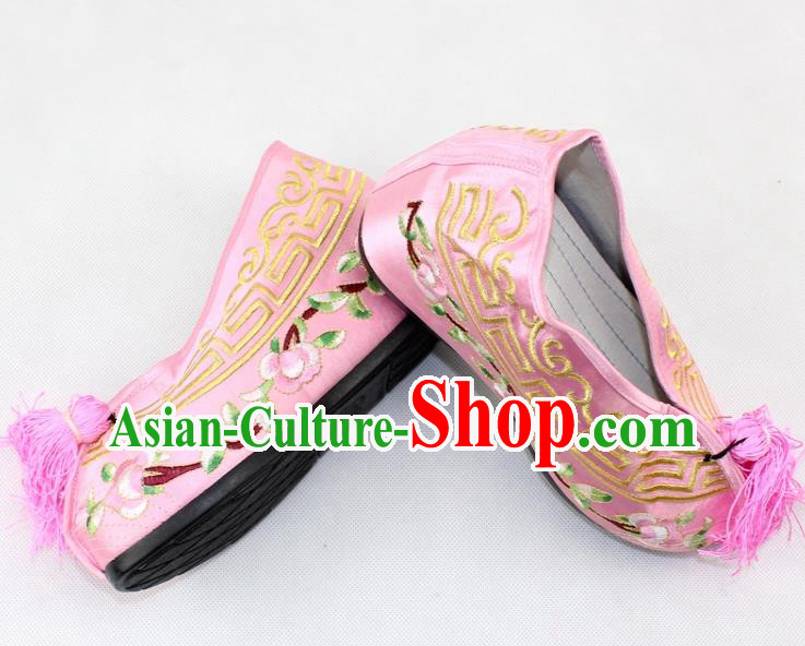 Chinese Traditional Beijing Opera Pink Blood Stained Shoes Ancient Handmade Princess Embroidered Shoes for Women