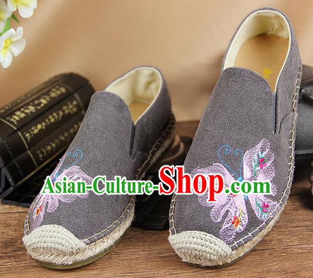 Chinese National Handmade Shoes Traditional Cloth Shoes Embroidery Butterfly Grey Shoes for Women