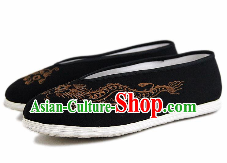 Chinese National Black Cloth Shoes Traditional Martial Arts Shoes Embroidery Golden Dragon Shoes for Men