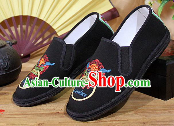 Chinese National Shoes Traditional Embroidery Lion Cloth Shoes Black Shoes for Men