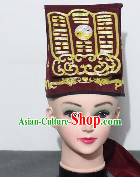 Chinese Traditional Peking Opera Taoist Red Hat Ancient Taoism Handkerchief for Men