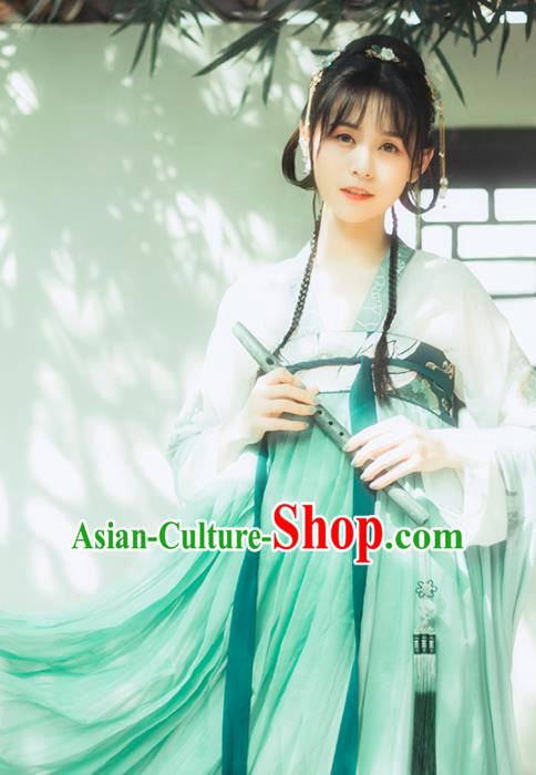 Chinese Ancient Tang Dynasty Palace Lady Green Hanfu Dress Traditional Embroidered Costumes for Women