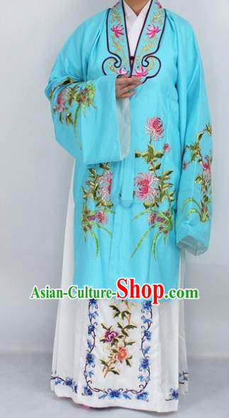 Chinese Traditional Peking Opera Diva Costumes Ancient Princess Embroidered Chrysanthemum Blue Dress for Women