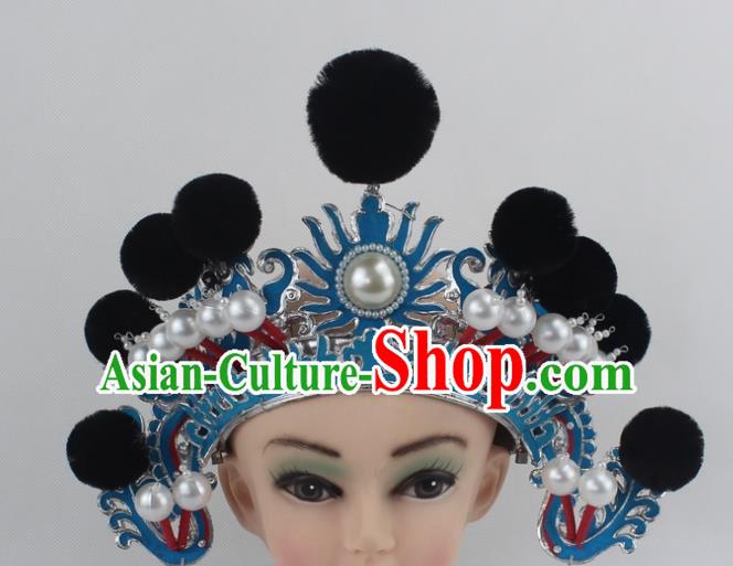Chinese Traditional Peking Opera Blues Black Venonat Helmet Ancient Magic Warriors Hat for Women