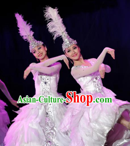 Chinese Traditional Ethnic Costumes Uyghur Minority Nationality Dance White Dress for Women