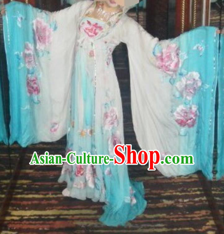 Traditional Chinese Classical Dance Embroidered Costumes Ancient Tang Dynasty Imperial Consort Blue Hanfu Dress for Women