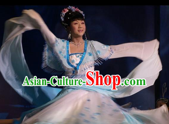 Traditional Chinese Classical Dance Embroidered Costumes Ancient Imperial Consort Blue Hanfu Dress for Women