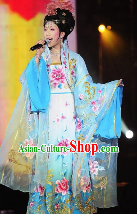 Traditional Chinese Tang Dynasty Classical Dance Costumes Ancient Imperial Consort Blue Embroidered Hanfu Dress for Women
