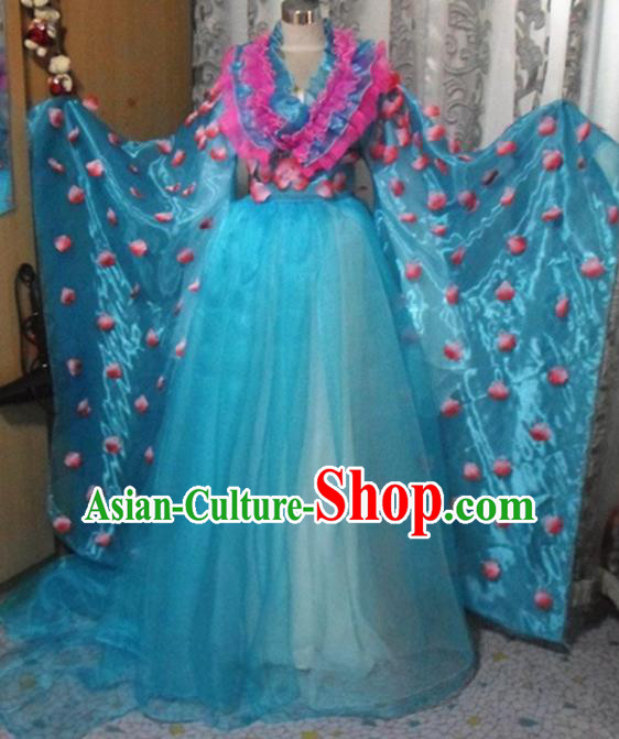 Traditional Chinese Classical Dance Embroidered Costumes Ancient Peri Blue Hanfu Dress for Women