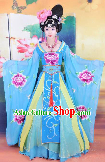 Traditional Chinese Classical Dance Embroidered Costumes Ancient Imperial Consort Blue Hanfu Dress for Women