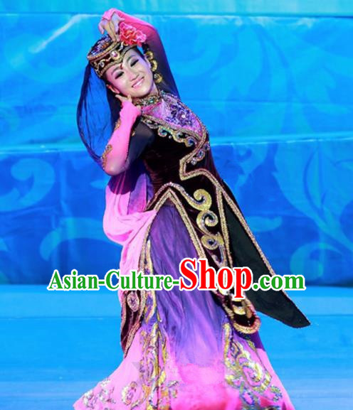 Chinese Traditional Ethnic Costumes Uyghur Minority Nationality Dance Purple Dress for Women