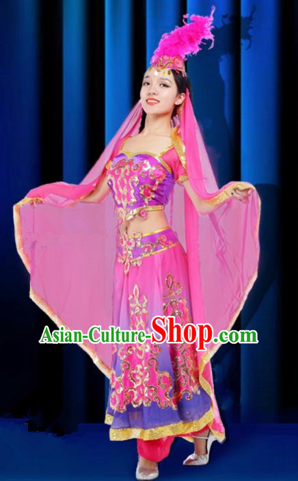 Chinese Traditional Uigurian Ethnic Costumes Stage Performance Minority Nationality Dance Pink Dress for Women