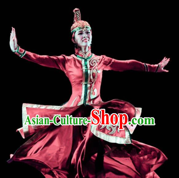 Chinese Traditional Mongol Ethnic Costumes Mongolian Minority Nationality Dance Red Dress for Women