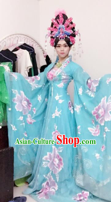 Chinese Traditional Classical Dance Costume Ancient Tang Dynasty Imperial Consort Embroidered Blue Dress for Women