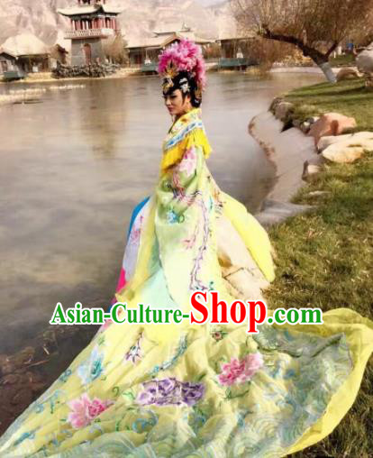 Chinese Traditional Tang Dynasty Embroidered Costume Ancient Imperial Consort Yellow Hanfu Dress for Women