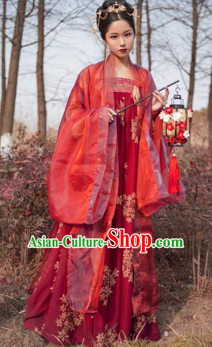 Chinese Ancient Traditional Red Hanfu Dress Tang Dynasty Imperial Consort Embroidered Costumes for Women