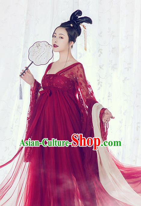 Traditional Chinese Tang Dynasty Palace Lady Costumes Ancient Imperial Consort Red Dress for Women