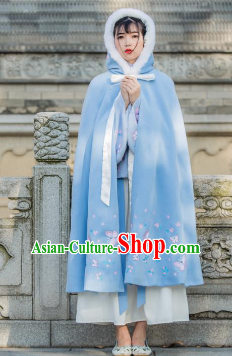 Traditional Chinese Ancient Princess Costumes Embroidered Butterfly Blue Cloak for Women