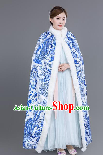 Chinese Traditional Costumes Ancient Princess Hanfu Blue Phoenix Cloak for Women