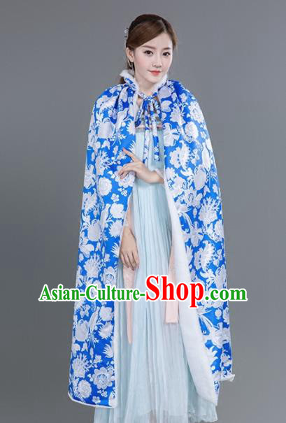 Chinese Traditional Costumes Ancient Princess Hanfu Thicken Blue Cloak for Women