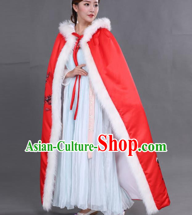 Chinese Traditional Costumes Ancient Princess Hanfu Thicken Red Brocade Cloak for Women