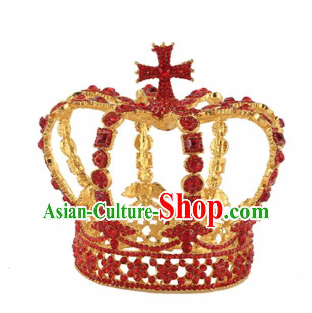 Baroque Style Hair Accessories Queen Red Crystal Round Royal Crown for Women