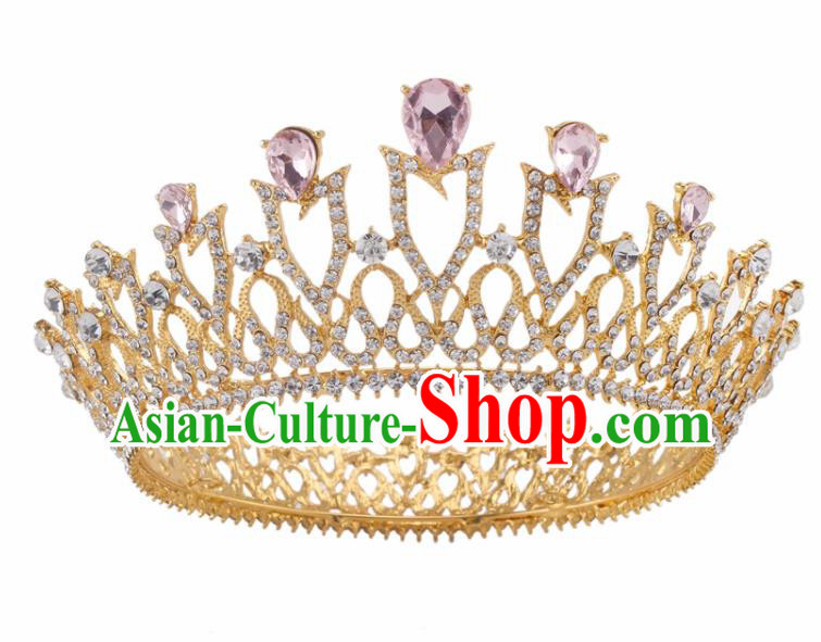 Top Grade Baroque Retro Wedding Hair Accessories Bride Pink Crystal Golden Royal Crown for Women