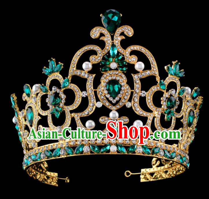 Top Grade Baroque Princess Retro Pearls Royal Crown Bride Green Crystal Wedding Hair Accessories for Women