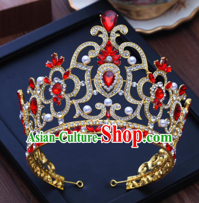Top Grade Baroque Princess Retro Pearls Royal Crown Bride Red Crystal Wedding Hair Accessories for Women