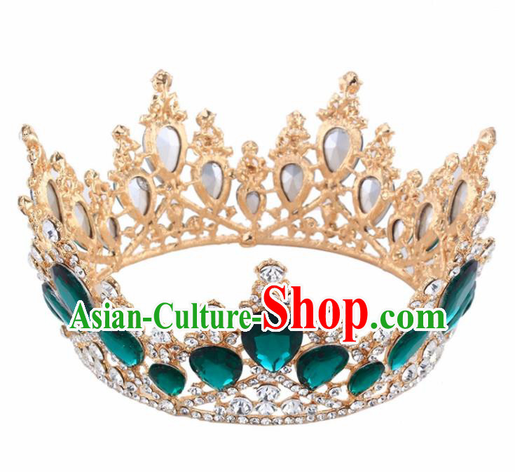 Top Grade Baroque Princess Retro Golden Round Royal Crown Bride Green Crystal Wedding Hair Accessories for Women