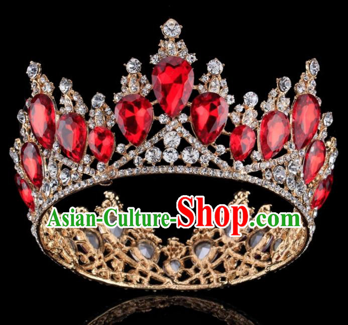 Top Grade Baroque Princess Retro Golden Round Royal Crown Bride Red Crystal Wedding Hair Accessories for Women