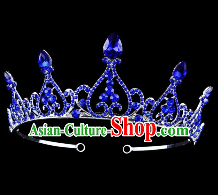 Top Grade Baroque Queen Blue Crystal Hair Clasp Royal Crown Bride Retro Wedding Hair Accessories for Women