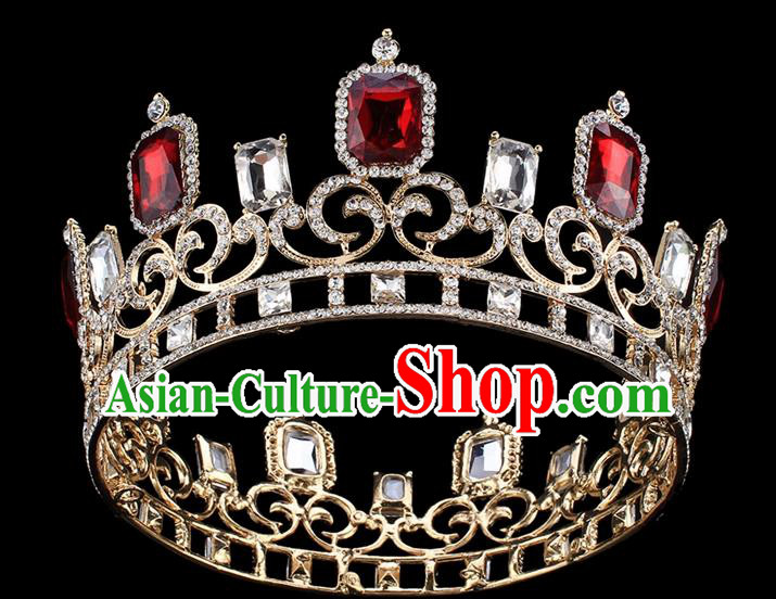 Handmade Wedding Queen Red Rhinestone Royal Crown Baroque Retro Hair Accessories for Women