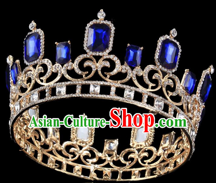 Handmade Wedding Queen Blue Rhinestone Royal Crown Baroque Retro Hair Accessories for Women