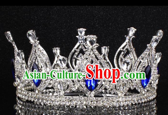 Top Grade Blue Crystal Royal Crown Baroque Princess Retro Wedding Bride Hair Accessories for Women
