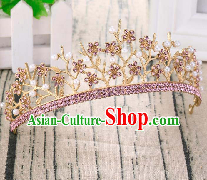 Top Grade Retro Pink Crystal Flowers Royal Crown Baroque Queen Wedding Bride Hair Accessories for Women