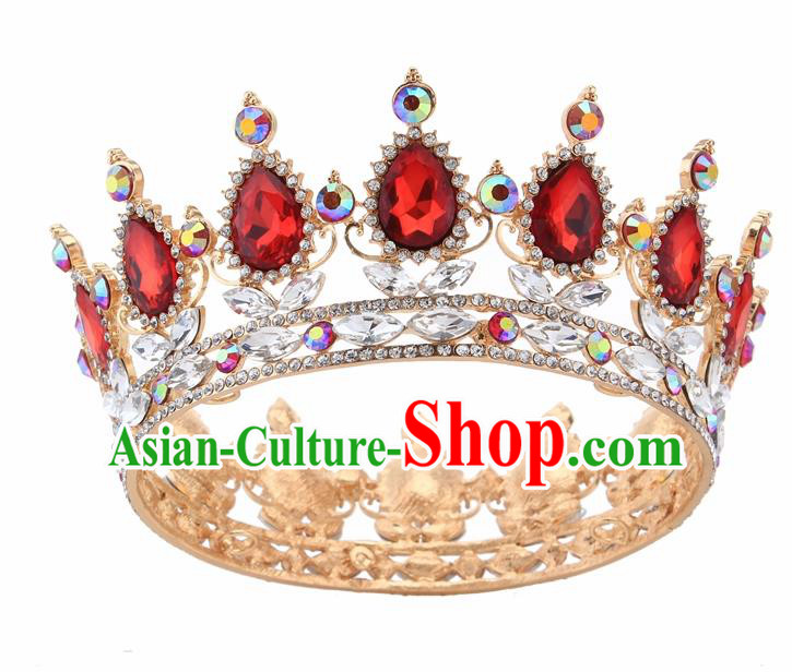 Top Grade Queen Retro Red Rhinestone Golden Royal Crown Baroque Wedding Bride Hair Accessories for Women